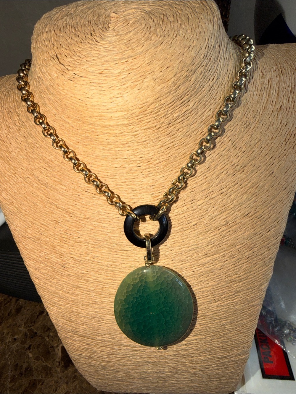 Gold Chain Necklace with Green Round Pendant
